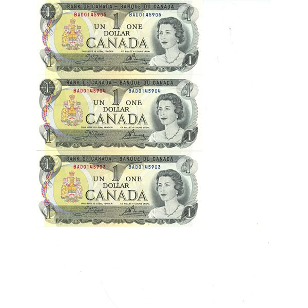Lot of 3 X 1973 Canadian Consecutive 1 Dollar Bills -BAD0145903 to 905