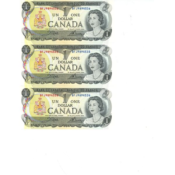 Lot of 3 X 1973 Canadian Consecutive 1 Dollar Bills -BFJ9894534 to 536
