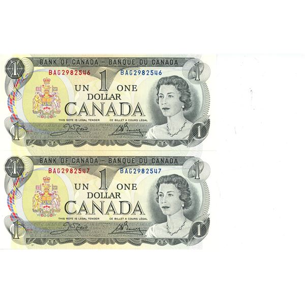 Lot of 2 X 1973 Canadian Consecutive 1 Dollar Bills -BAG2982546 to 547
