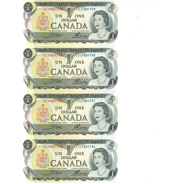 Lot of 4 X 1973 Canadian Consecutive 1 Dollar Bills -EC77831756 to 759
