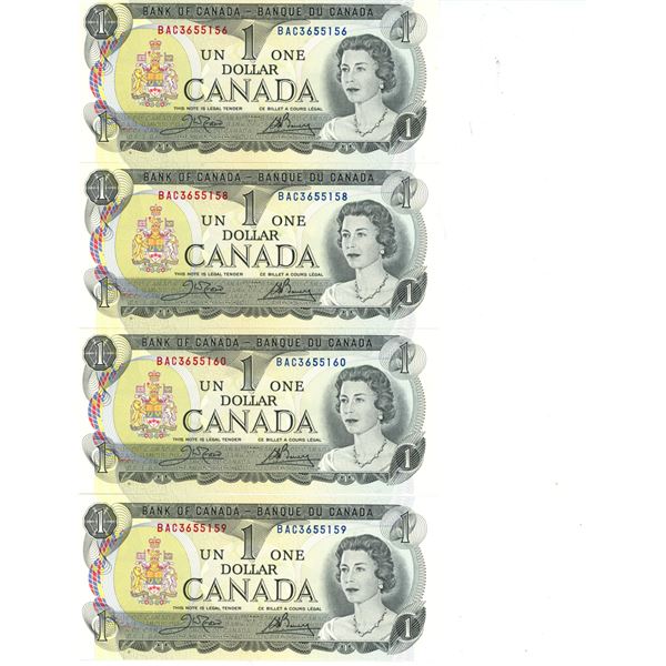 Lot of 4 X 1973 Canadian Consecutive 1 Dollar Bills -BAC365158 to 160 and BAC3655156