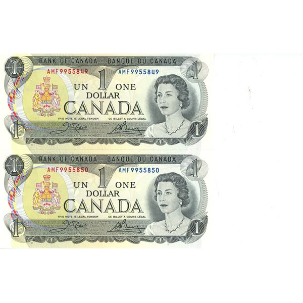 Lot of 2 X 1973 Canadian Consecutive 1 Dollar Bills -AMF9955849 and 850