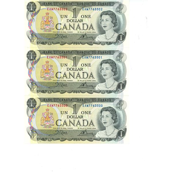 Lot of 3 x 1973 Canadian Consecutive 1 Dollar Bills -EAW7763500-502