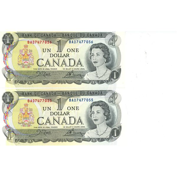 Lot of 2 x 1973 Canadian Consecutive 1 Dollar Bills -BAD7477055 and 056