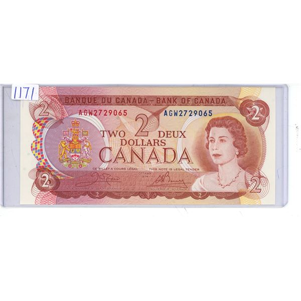 1974 Canadian 2 Dollar Bill -AGW2729065