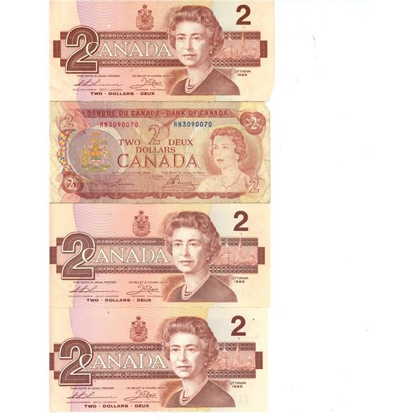 Lot of 4 Canadian (1x1974 and 3x1986) 2 Dollar Bills