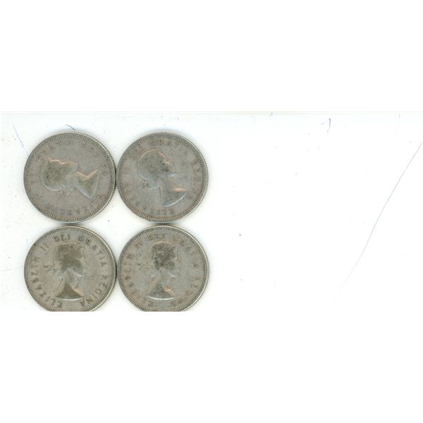 Lot of 4 (1953,1955,1957, and 1959) Silver Canadian Quarters