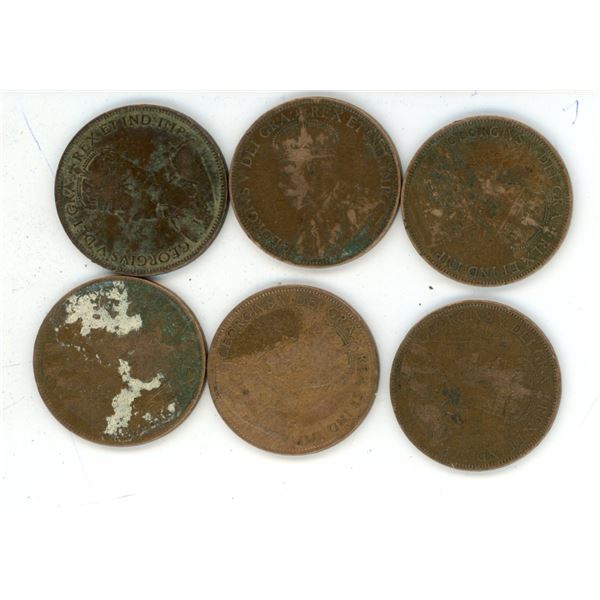 Lot of 6 (1913, 1915-1919) Canadian Large Pennies