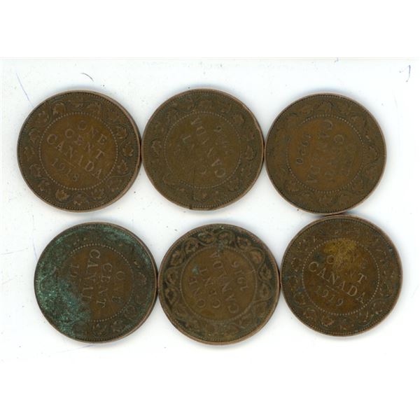 Lot of 6 (2x1916, 1917-1920) Canadian Large Pennies