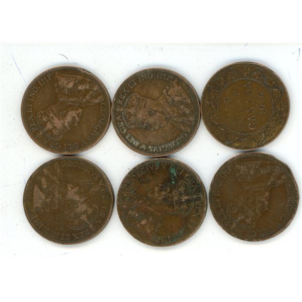 Lot of 6 (1916, 1918, 1919 and 1986) Canadian Large Pennies