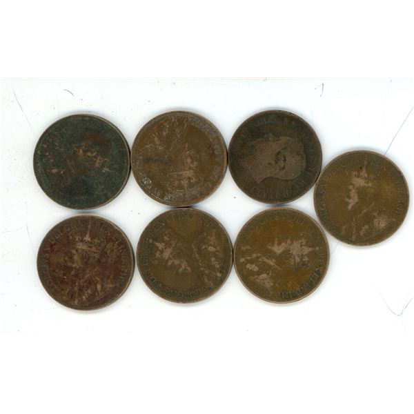 lot of 7 (4x1980) Canadian Large Pennies and 1861 Italy 5 Cent Coins