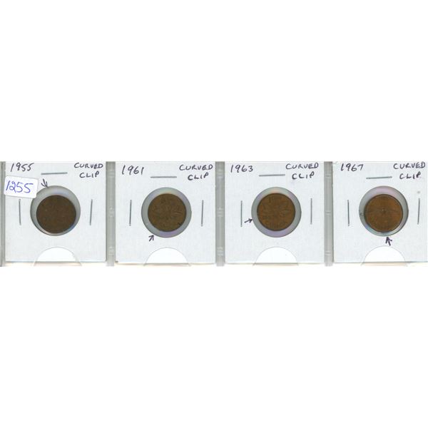 Set of 4 Canadian Curved Clip Error Cents, all with Blakesley Effect. Includes 1955, 1961, 1963 & 19