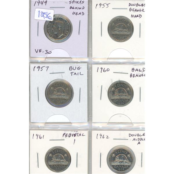 Set of 6 Canadian Nickel Errors and Varieties. Includes 1949 Spikes, 1955 Doubled 1956 Beaver Head, 