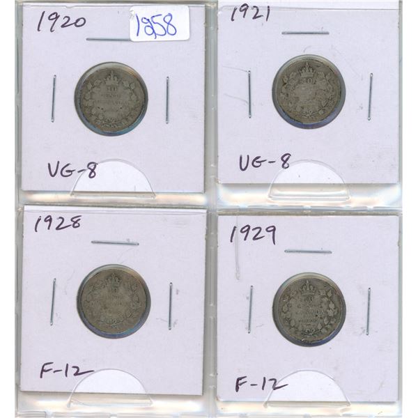 Set of 4 Canadian King George V Silver 10 Cents. Includes 1920, 1921, 1928 & 1929.Coins grade VG-8 t