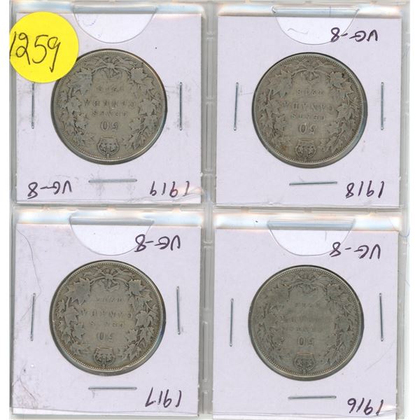 Set of 4 Canadian King George V Silver 50 Cents. Includes 1916, 1917, 1918 & 1919. Coins grade VG-8.