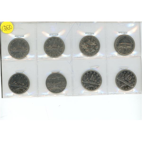 Set of 8 Canadian Nickel Dollars. Includes 1968, 1969, 1970, 1973, 1980, 1982, 1985 & 1986.