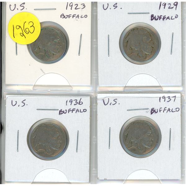 Set of 4 U.S. Buffalo Nickels. Includes 1923, 1929, 1936 & 1937.