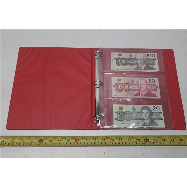 Binder Collection Set. (It includes 1988 Canadian Hundred, (2) Fifty Dollar, 1986 Canadian Five, Two
