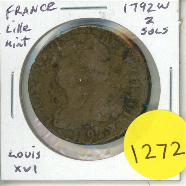France. 1792W 2 Sols. Still depicts Louis XVI even though it was issued by the new revolutionary gov
