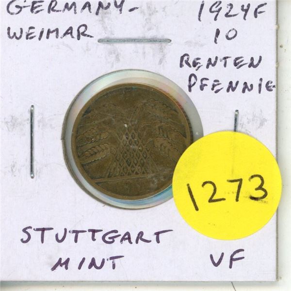Germany. Weimar Republic. 1924F 10 Rentenpfennig. Stuttgart Mint. VF.