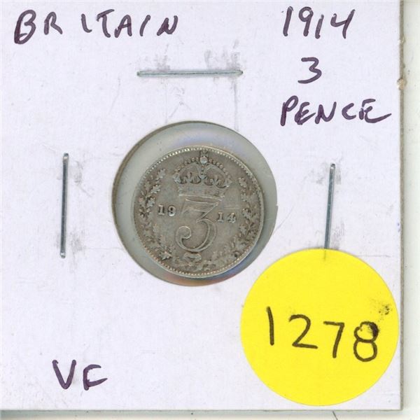 Great Britain. 1914 Silver 3 Pence. Minted the first year of World War I. Sterling Silver. VF.