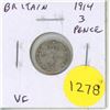 Image 1 : Great Britain. 1914 Silver 3 Pence. Minted the first year of World War I. Sterling Silver. VF.