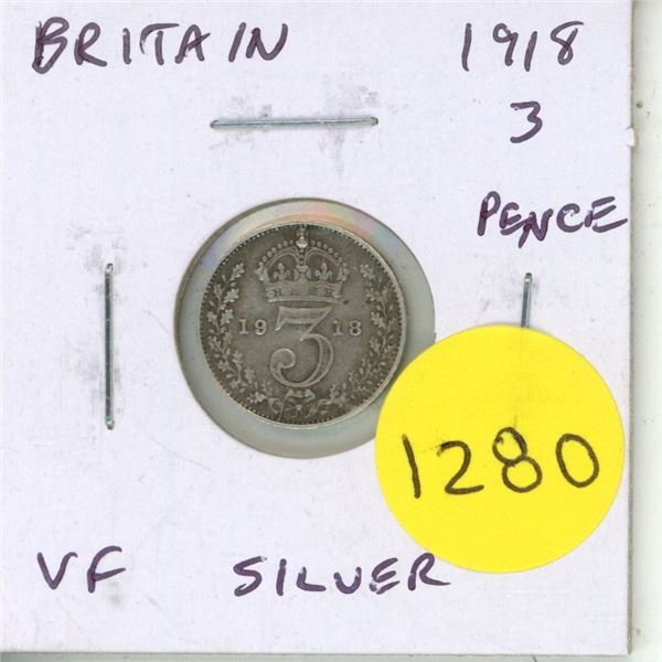 Great Britain. 1918 Silver 3 Pence. Issued during the last year of World War I. Sterling Silver. VF.
