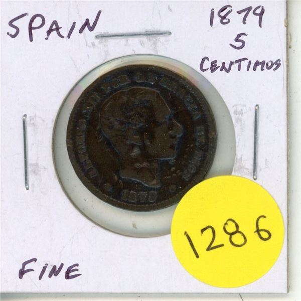 Spain. 1879 5 Centimos. King Alfonso XII. Fine.