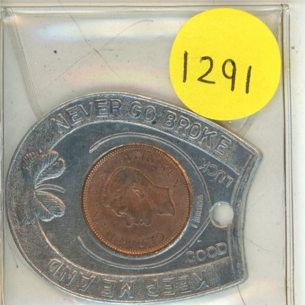 Encased Canadian 1949 Cent. Keep Me & Never Go Broke Good Luck/Treat Em Ruf. Uncirculated.