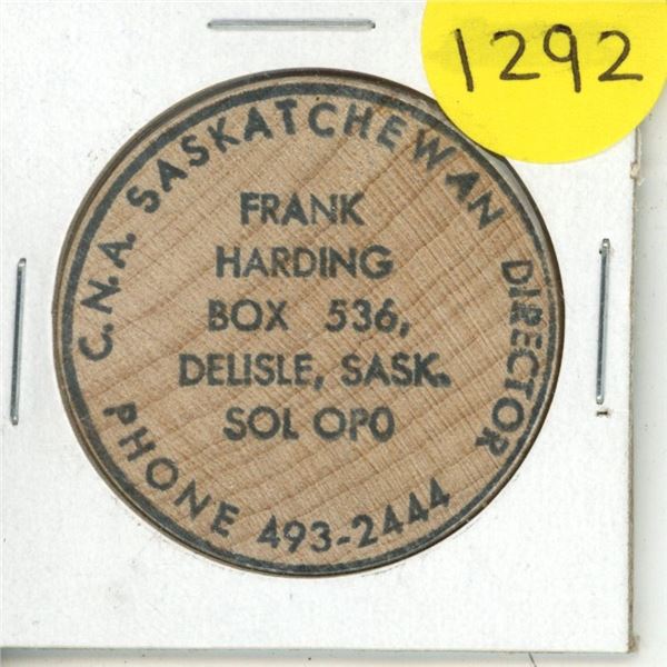 Frank Harding Wooden Nickel. Sask. Numismatist. Unc.