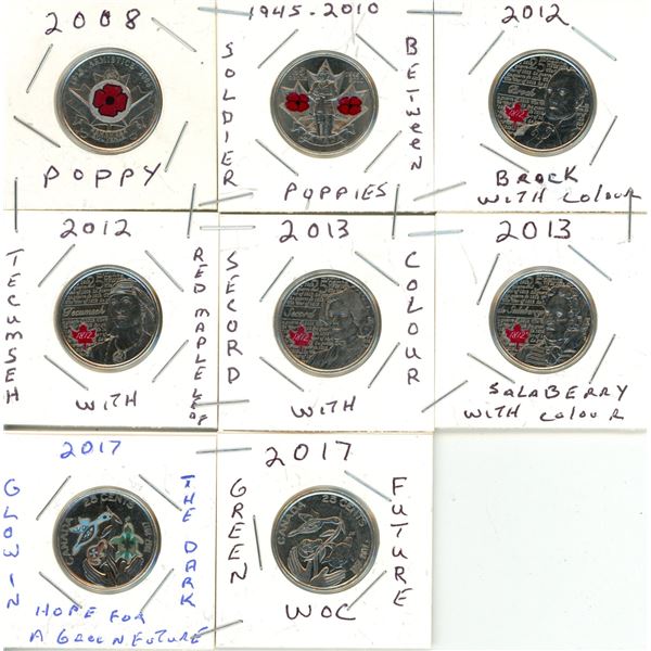 (8) Colored Canadian 25 Cents Coin.