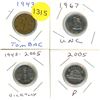 Image 1 : 1943 Tombac, 1967 UNC 5 Cents, 2005 Victory, 2005 P Canadian 5 Cents.