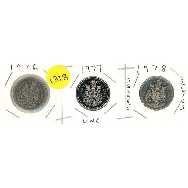 1976, 1977 UNC, 1978 Canadian 50 Cents Coin.