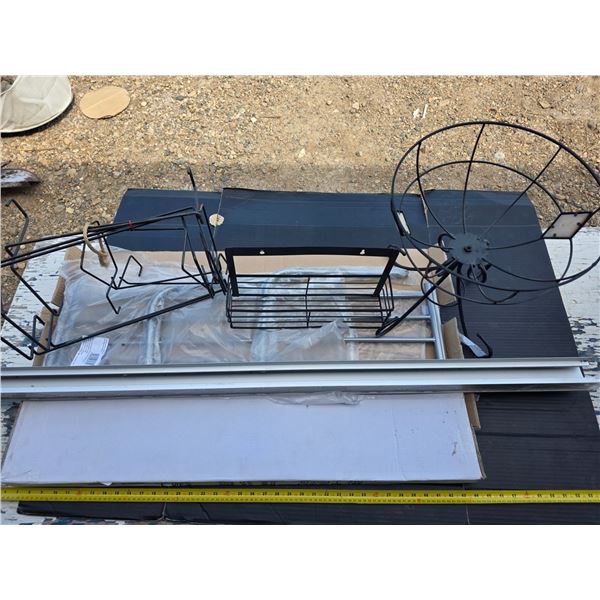 Metal head board, flower baskets, curtain rod holder