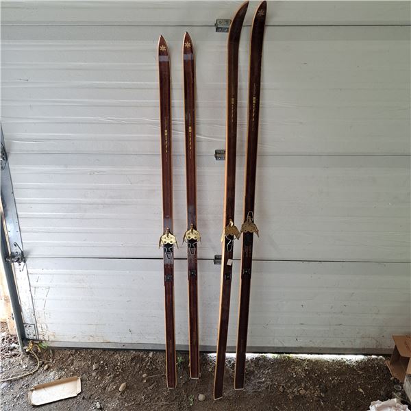 2 pairs of wooden skiis- made in norway- sizes- 80" and 75"