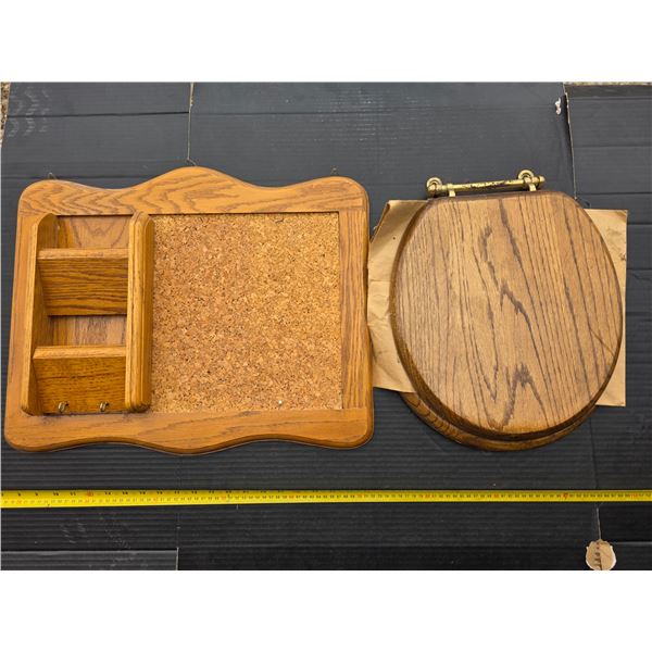 Wood toilet seat and cork boards
