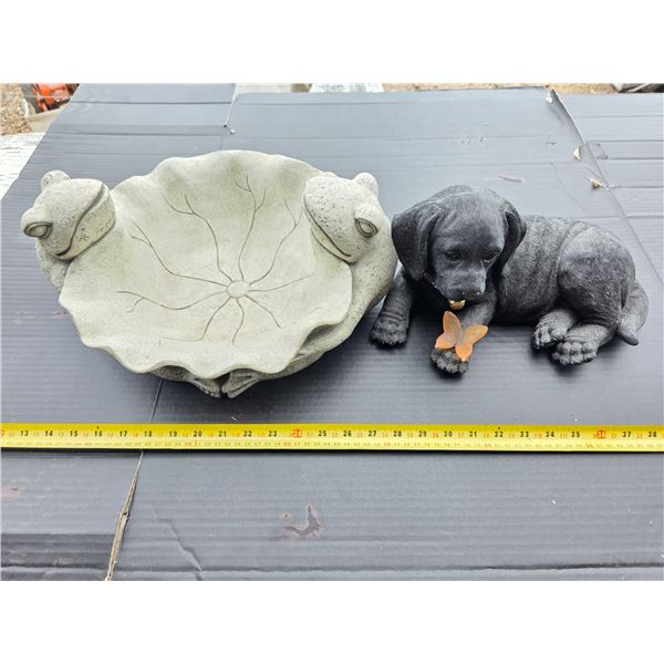 Black dog garden statue and bird bath