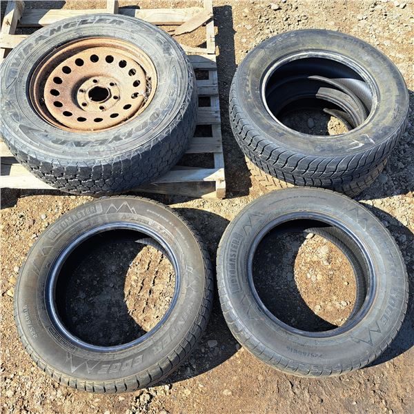 4 tires- 1 size205/75R14-3 size- 225/60R16 and a tire with rim- size P 255/70R17- the names vary
