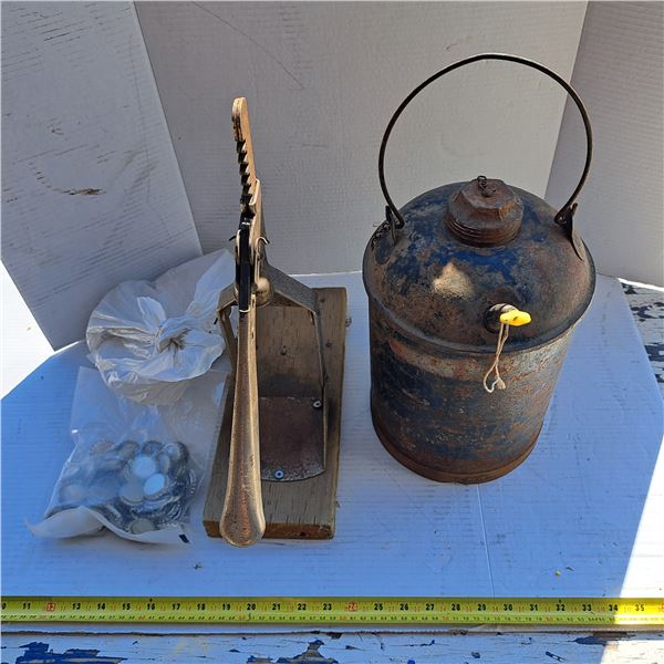 homemade bottle opener and vintage metal oil can- size- 12"H