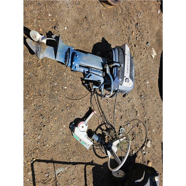 Vintage Evinrude Boat Motor w/ Cables,Throttle,Steering Wheel - Untested