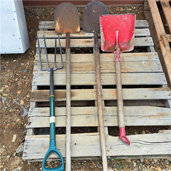 3 shovels and a pitch fork