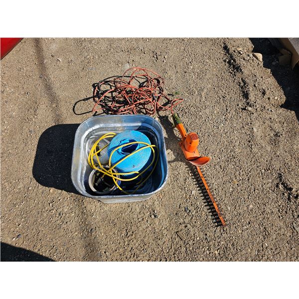 Vintage Bucket/16" Hedge Trimmer (Untested)/Extension Cords/Tools/Roll of Twine
