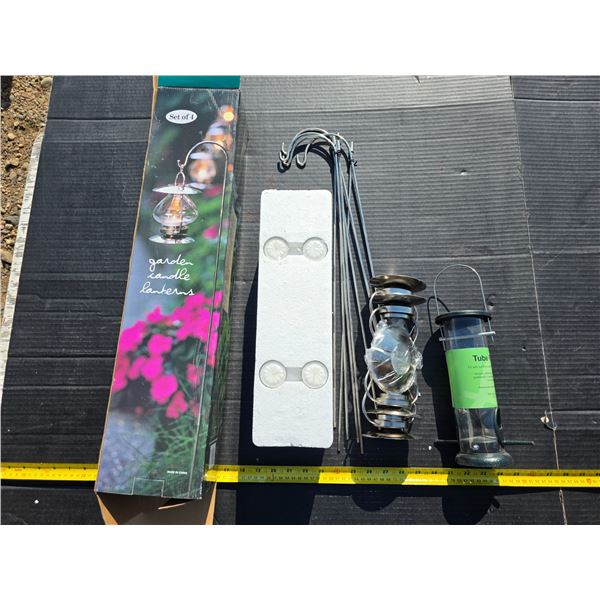 Set of 4 garden lanterns and bird feeder