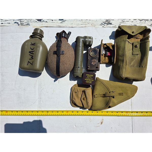 Millitary gear, canteens, pistol holder, flash light