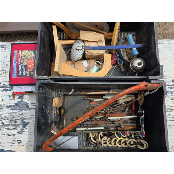 Crate of tool bits, saw and wood decore