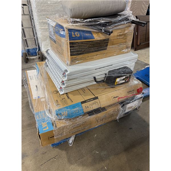 Pallet - Assorted Items - Patio Sets, Dining Set, Folding Tables, Bottle Jack, Etc.
