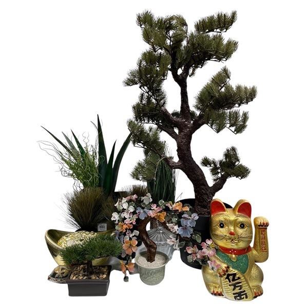 Assorted Asian-Inspired Décor Lot – Faux Pine & Bonsai Plants, Glass-Flower Tree, Lucky Cat