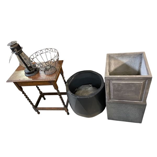 Group of Misc Items – Side Table, Lantern, Wire Basket & Planters