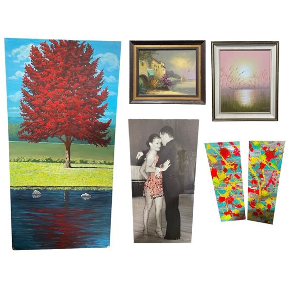 Group of 6 Mixed-Media Wall Art Collection - Landscapes, Figurative Print & Abstract Art
