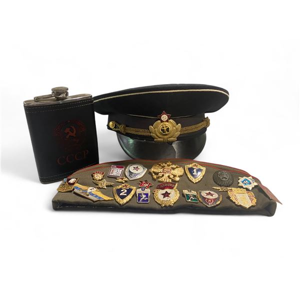 Group of 3 Vintage URSS Soviet Military Pilotka w/ Pins Collection, w/ Naval Officer Cap & CCCP Leat